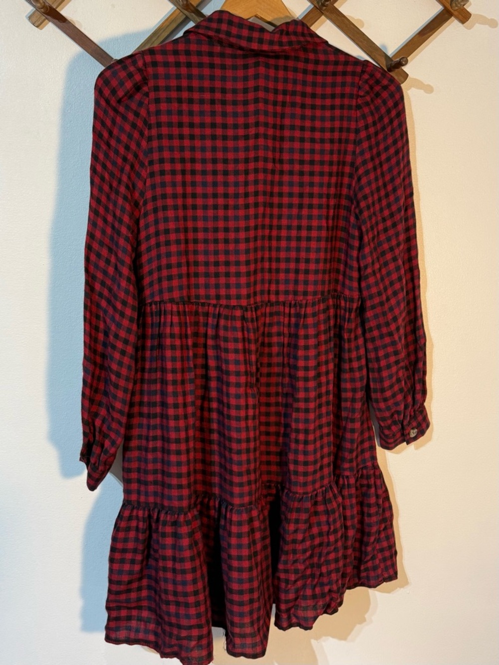 Zara Buffalo plaid red/black checkered baby doll tiered long sleeve minidress XS - Picture 7 of 7